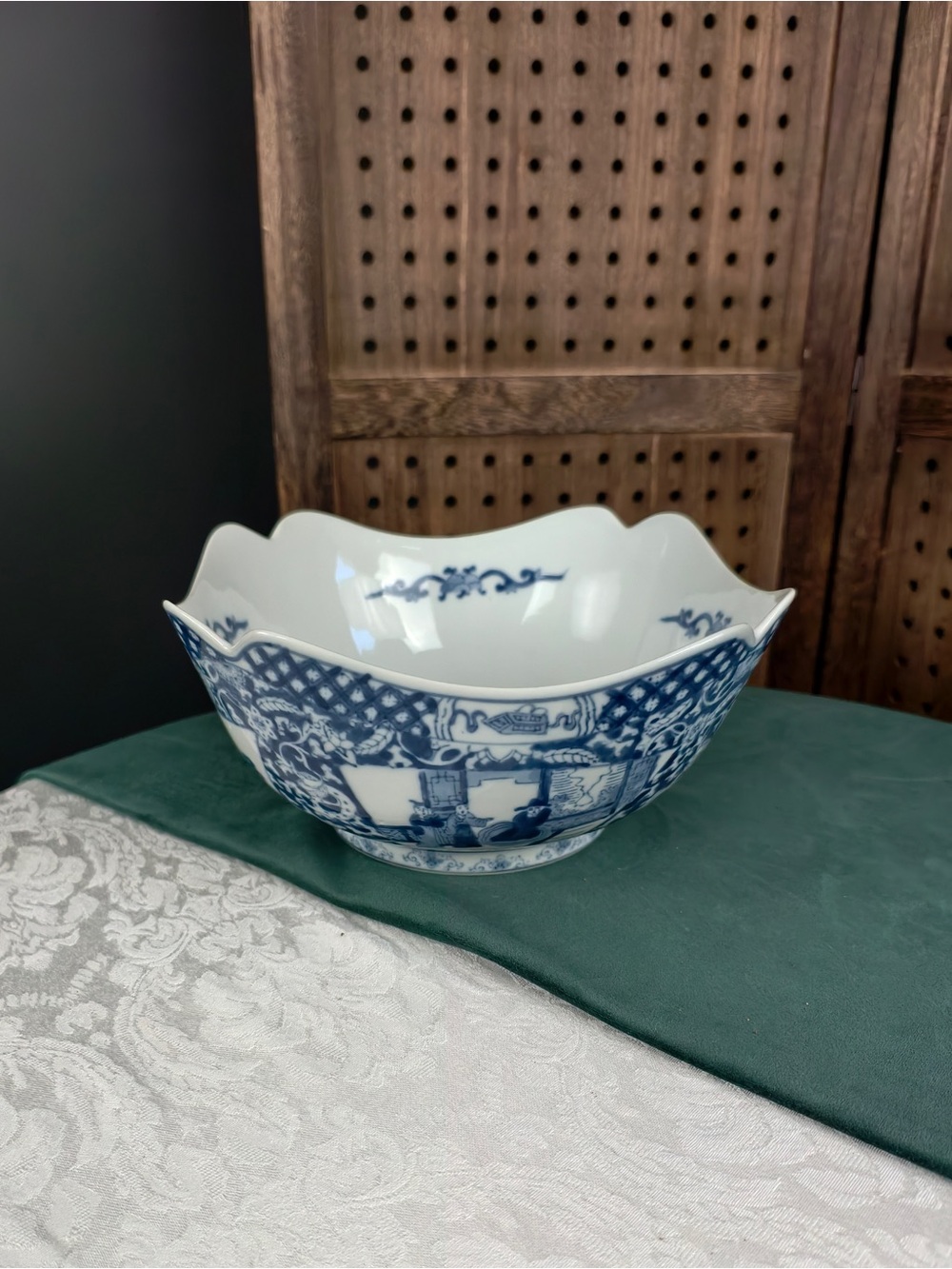 Vintage Large Chinese Blue and White Scalloped Bowl